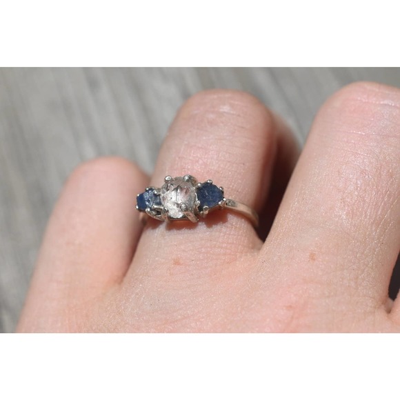 Raw Sapphire Engagement Ring Rough Diamond Wedding Band Unique - Picture 1 of 3